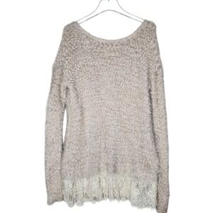Altar'd State Fuzzy Popcorn Knit Lace Trim Back Bow Tunic Style Sweater Beige ML